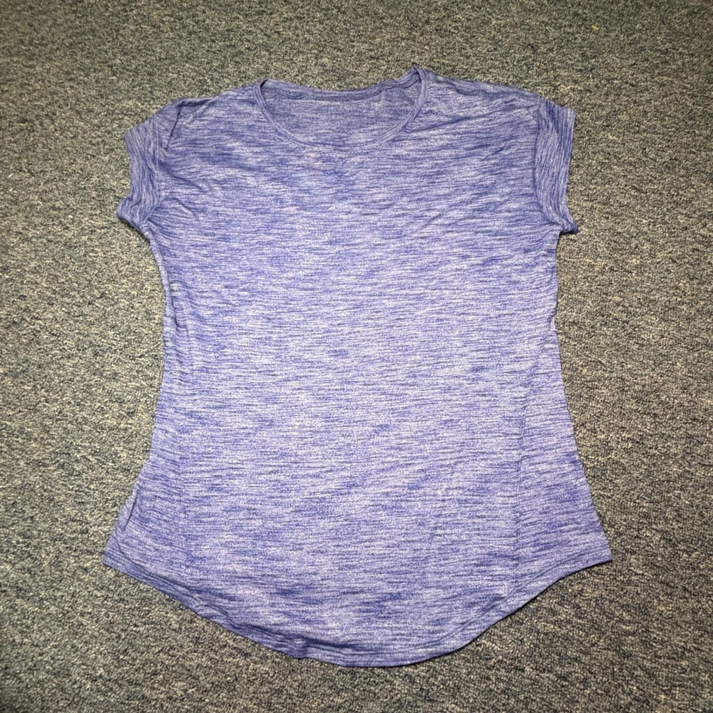 Lululemon Purple Space Dye Heathered Short Sleeve Athletic Top Curved Hem Womens